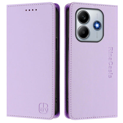 Xiaomi Poco M7 Pro 5G Dual-Folded Magnetic Suction RFID Blocking PU Leather Wallet Phone Case with Card Slots, Cash Pocket, Kickstand, Full Protective Flip Cover