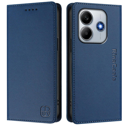 Xiaomi Poco M7 Pro 5G Dual-Folded Magnetic Suction RFID Blocking PU Leather Wallet Phone Case with Card Slots, Cash Pocket, Kickstand, Full Protective Flip Cover