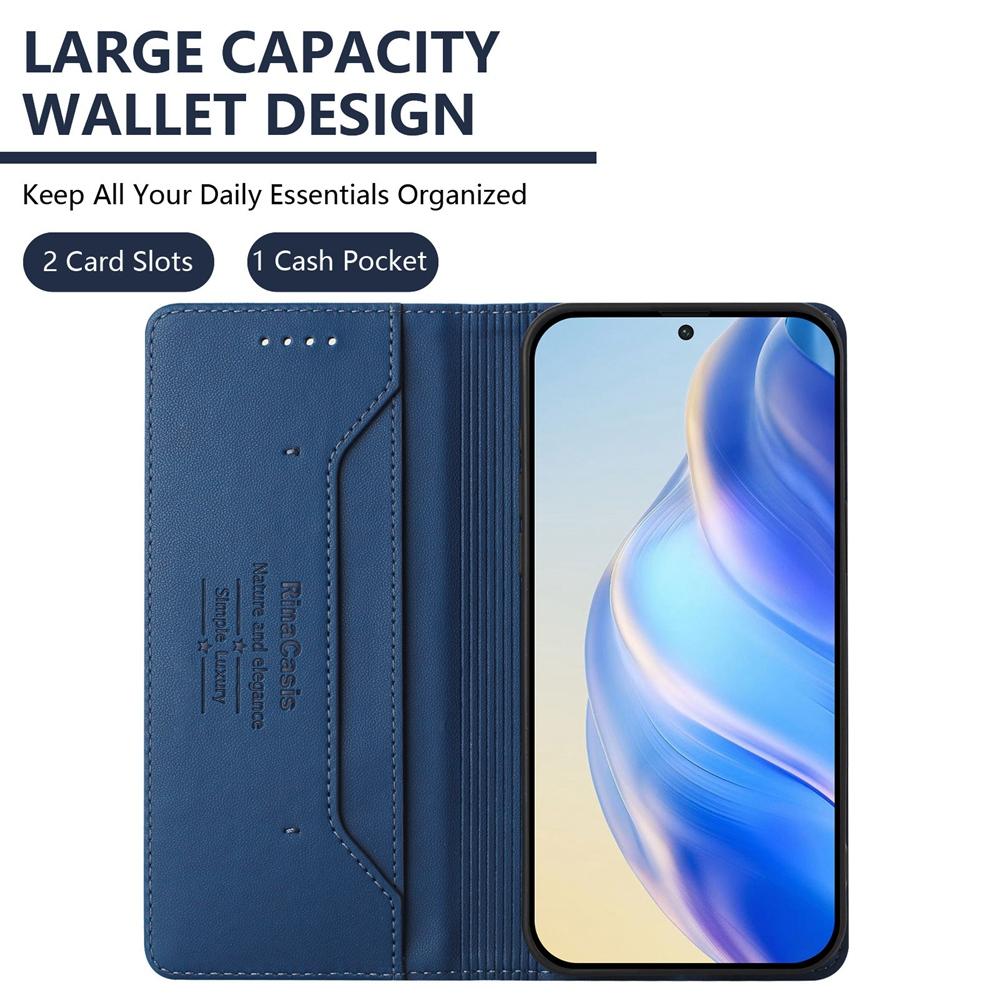 Xiaomi Poco M7 Pro 5G Dual-Folded Magnetic Suction RFID Blocking PU Leather Wallet Phone Case with Card Slots, Cash Pocket, Kickstand, Full Protective Flip Cover