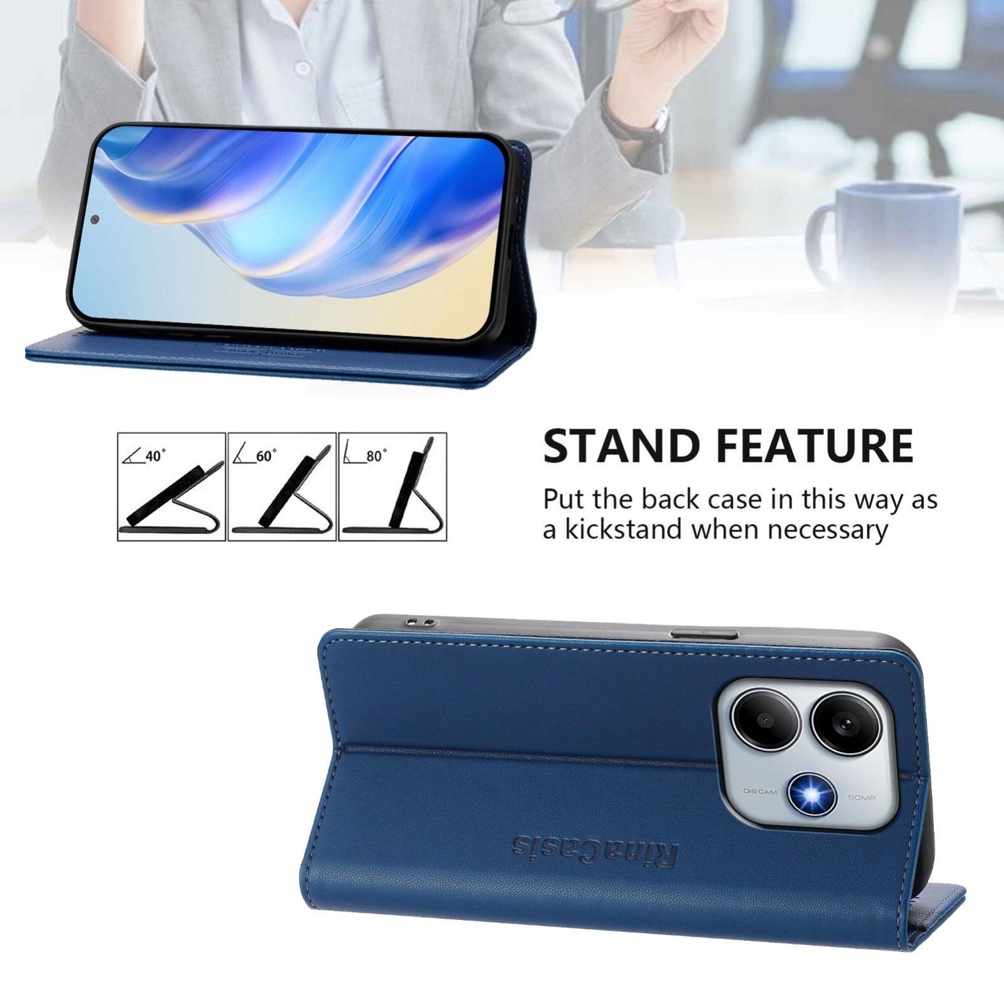 Xiaomi Poco M7 Pro 5G Dual-Folded Magnetic Suction RFID Blocking PU Leather Wallet Phone Case with Card Slots, Cash Pocket, Kickstand, Full Protective Flip Cover