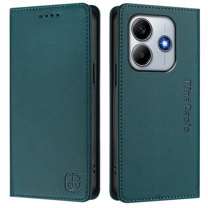 Xiaomi Poco M7 Pro 5G Dual-Folded Magnetic Suction RFID Blocking PU Leather Wallet Phone Case with Card Slots, Cash Pocket, Kickstand, Full Protective Flip Cover