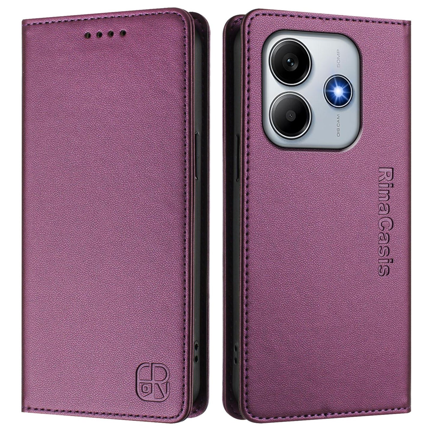 Xiaomi Poco M7 Pro 5G Dual-Folded Magnetic Suction RFID Blocking PU Leather Wallet Phone Case with Card Slots, Cash Pocket, Kickstand, Full Protective Flip Cover