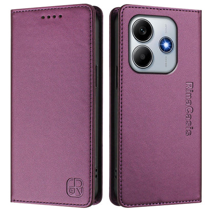 Xiaomi Poco M7 Pro 5G Dual-Folded Magnetic Suction RFID Blocking PU Leather Wallet Phone Case with Card Slots, Cash Pocket, Kickstand, Full Protective Flip Cover