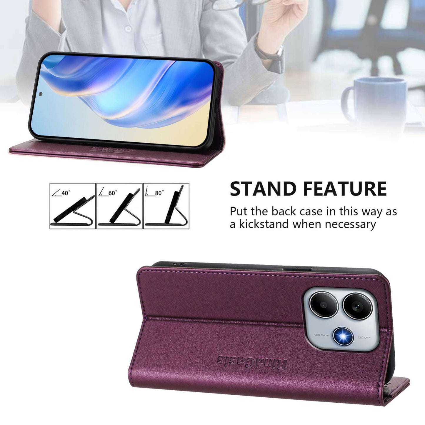 Xiaomi Poco M7 Pro 5G Dual-Folded Magnetic Suction RFID Blocking PU Leather Wallet Phone Case with Card Slots, Cash Pocket, Kickstand, Full Protective Flip Cover