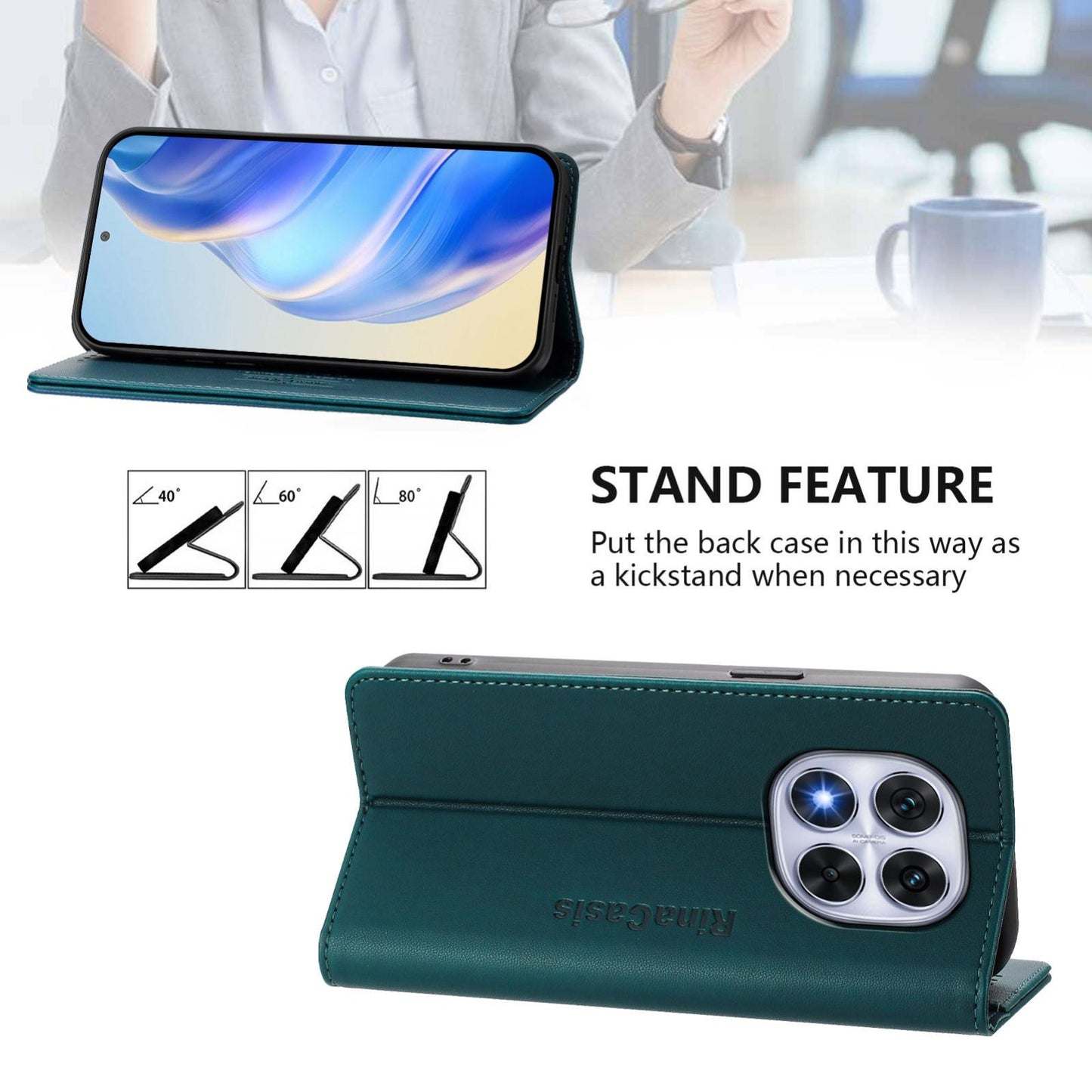 Xiaomi Redmi Note 14 Pro 5G Dual-Folded Magnetic Suction RFID Blocking PU Leather Wallet Phone Case with Card Slots, Cash Pocket, Kickstand, Full Protective Flip Cover