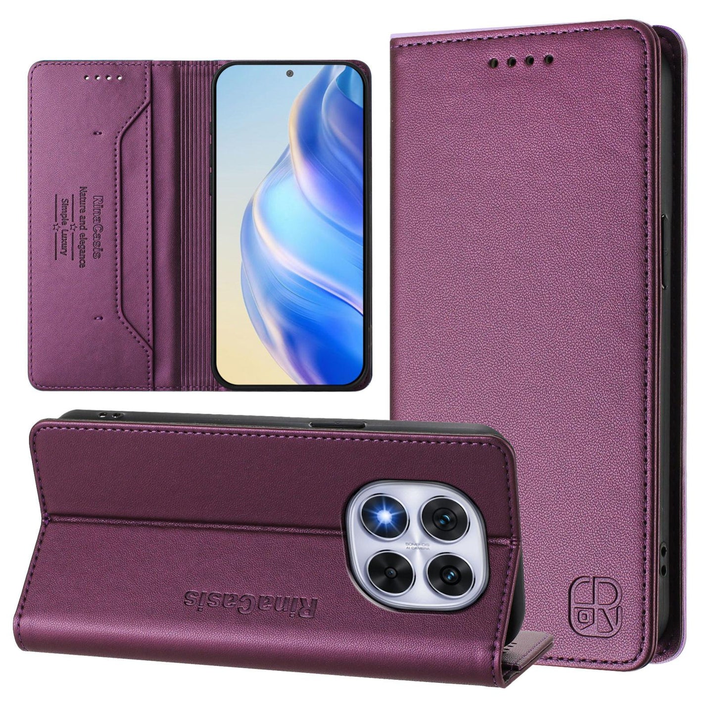 Xiaomi Poco X7 5G Dual-Folded Magnetic Suction RFID Blocking PU Leather Wallet Phone Case with Card Slots, Cash Pocket, Kickstand, Full Protective Flip Cover