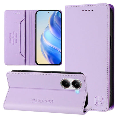 Xiaomi Poco X7 Pro 5G Dual-Folded Magnetic Suction RFID Blocking PU Leather Wallet Phone Case with Card Slots, Cash Pocket, Kickstand, Full Protective Flip Cover