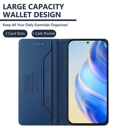 Xiaomi Poco X7 Pro 5G Dual-Folded Magnetic Suction RFID Blocking PU Leather Wallet Phone Case with Card Slots, Cash Pocket, Kickstand, Full Protective Flip Cover