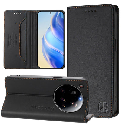 Xiaomi 15 Ultra Dual-Folded Magnetic Suction RFID Blocking PU Leather Wallet Phone Case with Card Slots, Cash Pocket, Kickstand, Full Protective Flip Cover