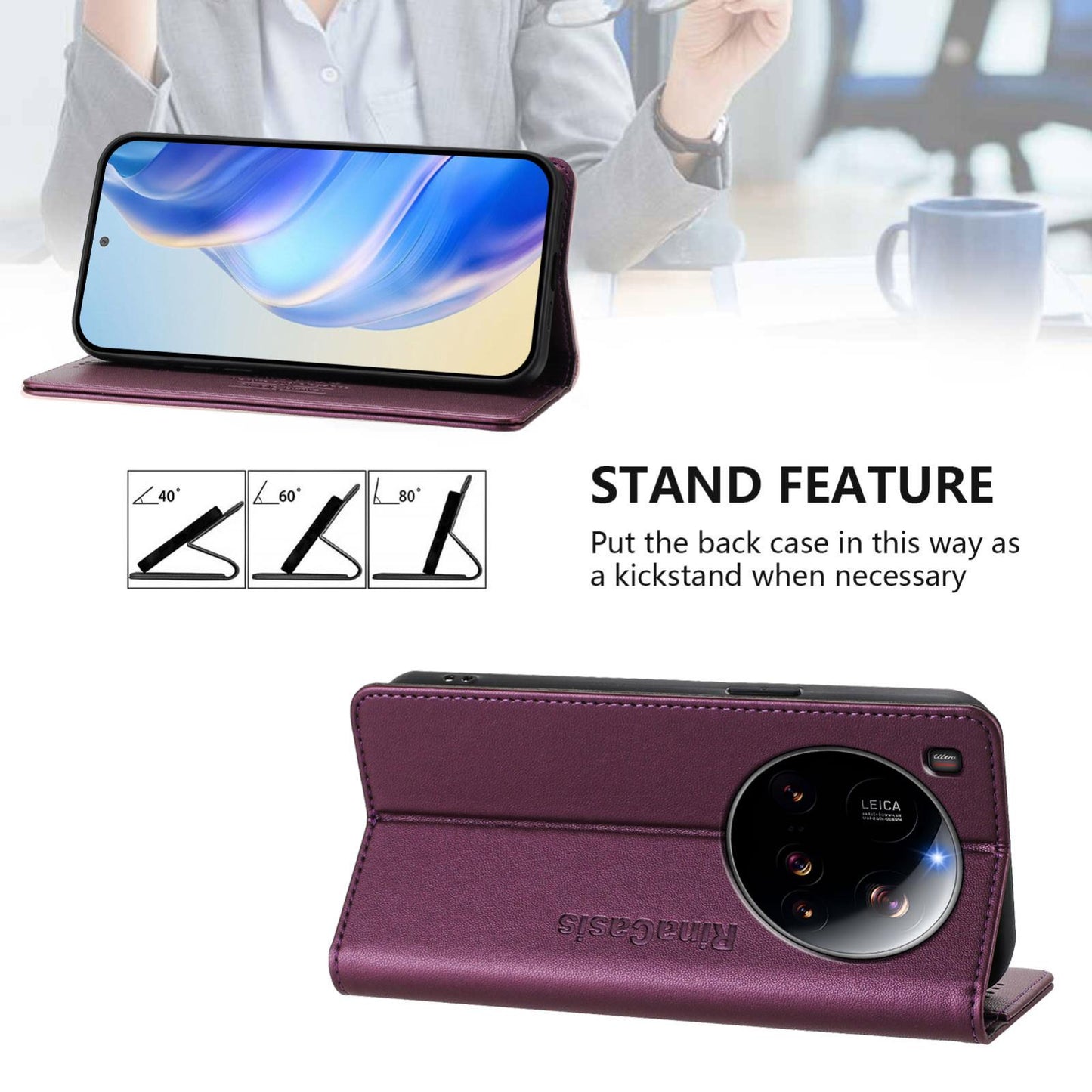 Xiaomi 15 Ultra Dual-Folded Magnetic Suction RFID Blocking PU Leather Wallet Phone Case with Card Slots, Cash Pocket, Kickstand, Full Protective Flip Cover