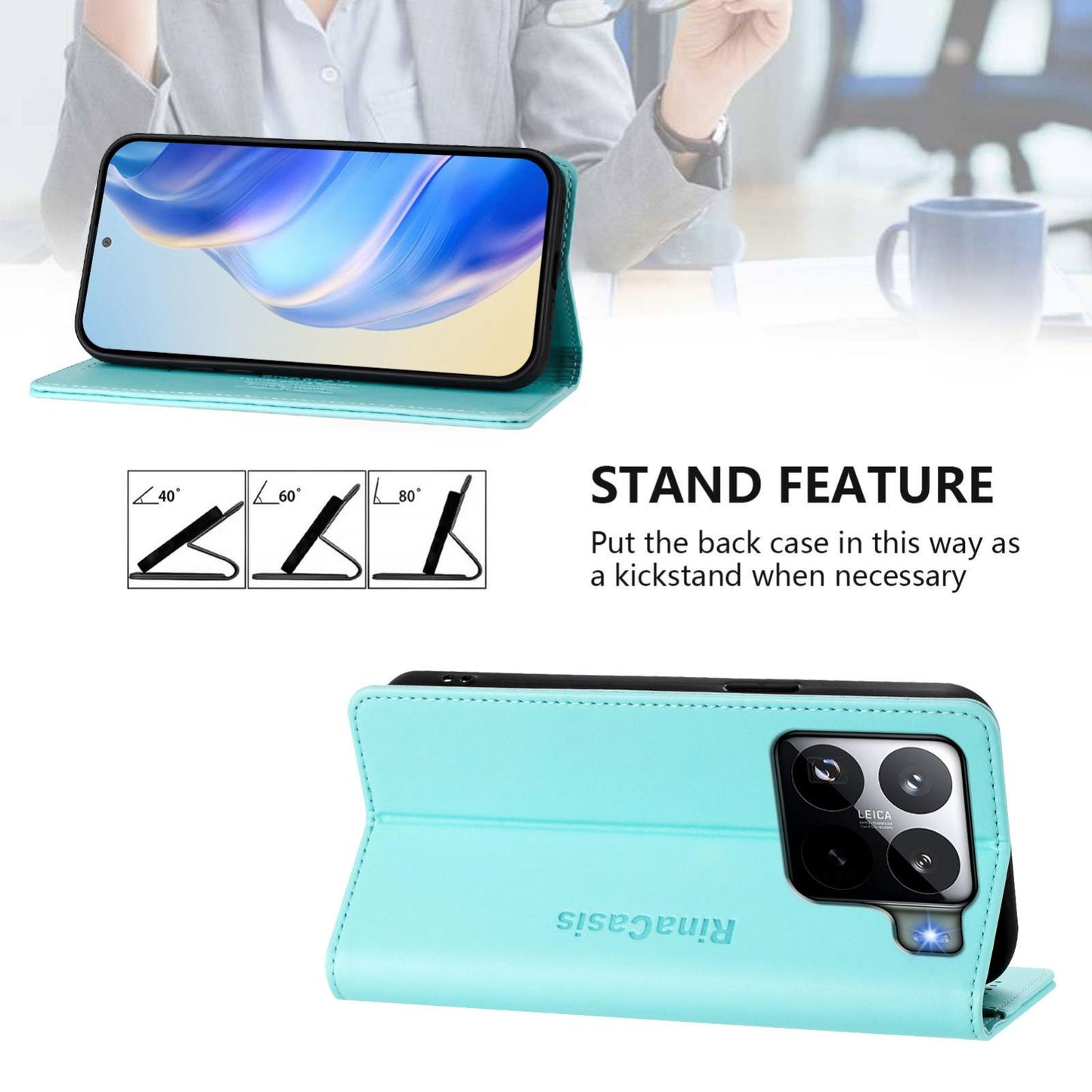 Xiaomi 15S Pro Dual-Folded Magnetic Suction RFID Blocking PU Leather Wallet Phone Case with Card Slots, Cash Pocket, Kickstand, Full Protective Flip Cover