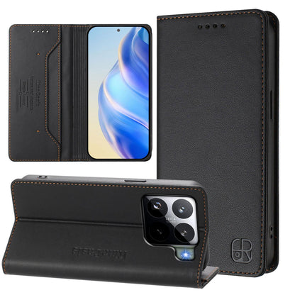 Xiaomi 15S Pro Dual-Folded Magnetic Suction RFID Blocking PU Leather Wallet Phone Case with Card Slots, Cash Pocket, Kickstand, Full Protective Flip Cover
