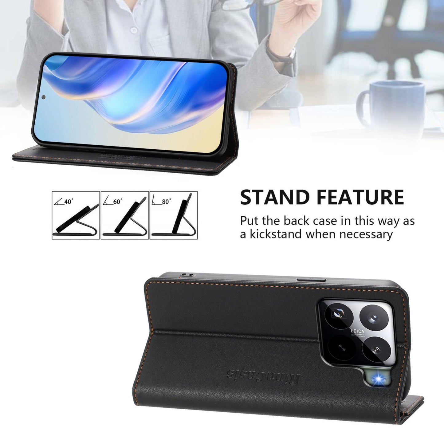 Xiaomi 15S Pro Dual-Folded Magnetic Suction RFID Blocking PU Leather Wallet Phone Case with Card Slots, Cash Pocket, Kickstand, Full Protective Flip Cover