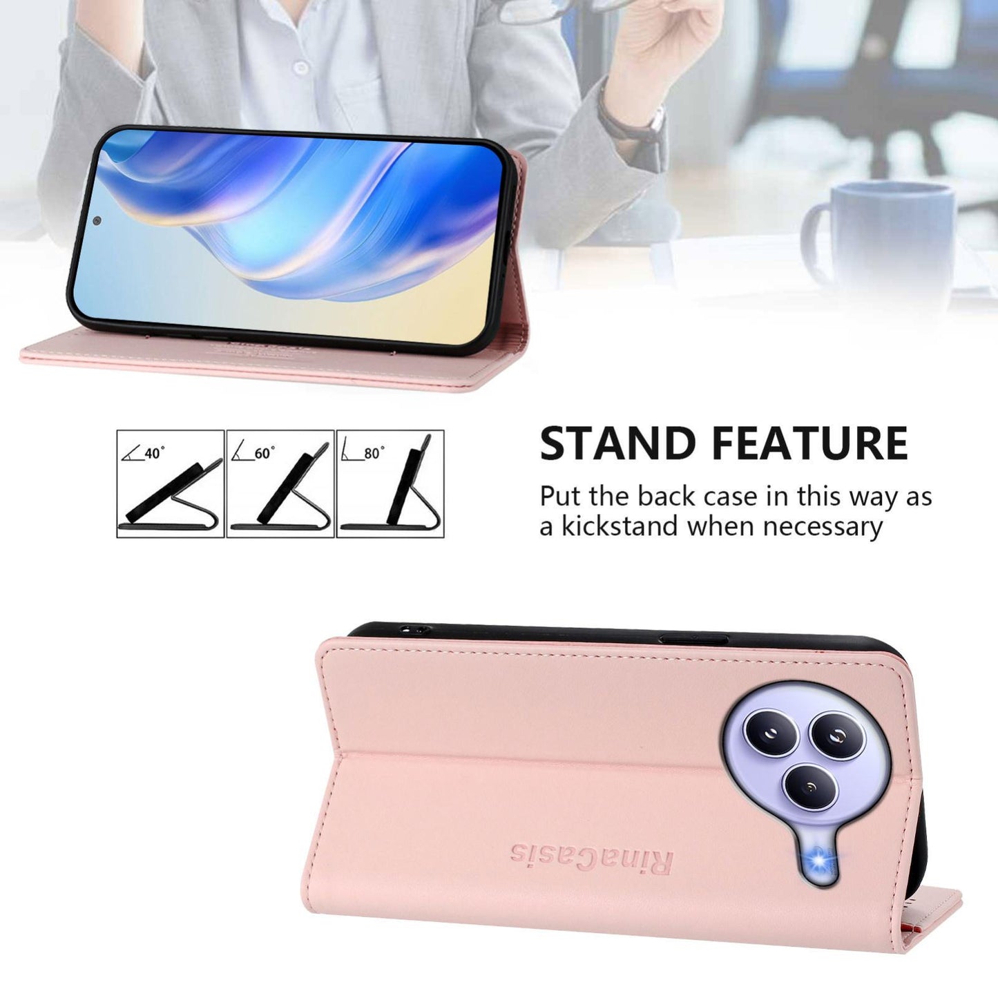 Xiaomi Civi 5 Pro Curved Dual-Folded Magnetic Suction RFID Blocking PU Leather Wallet Phone Case with Card Slots, Cash Pocket, Kickstand, Full Protective Flip Cover