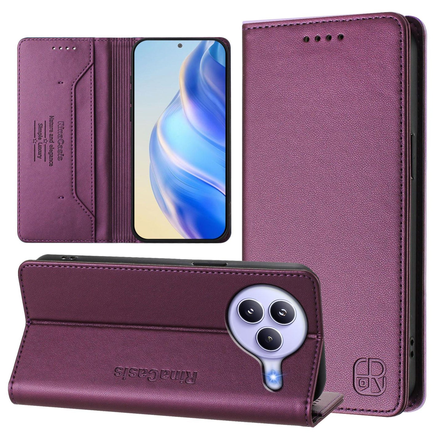 Xiaomi Civi 5 Pro Curved Dual-Folded Magnetic Suction RFID Blocking PU Leather Wallet Phone Case with Card Slots, Cash Pocket, Kickstand, Full Protective Flip Cover