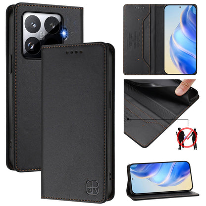 Xiaomi 15T Pro Dual-Folded Magnetic Suction RFID Blocking PU Leather Wallet Phone Case with Card Slots, Cash Pocket, Kickstand, Full Protective Flip Cover