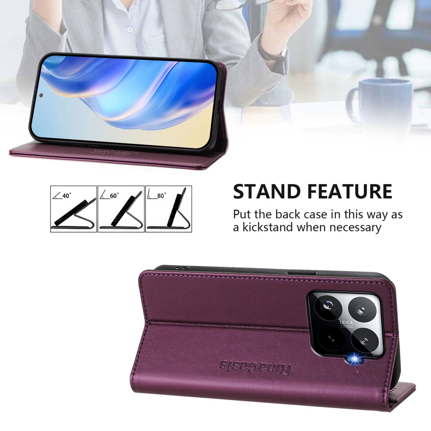 Xiaomi 15T Pro Dual-Folded Magnetic Suction RFID Blocking PU Leather Wallet Phone Case with Card Slots, Cash Pocket, Kickstand, Full Protective Flip Cover