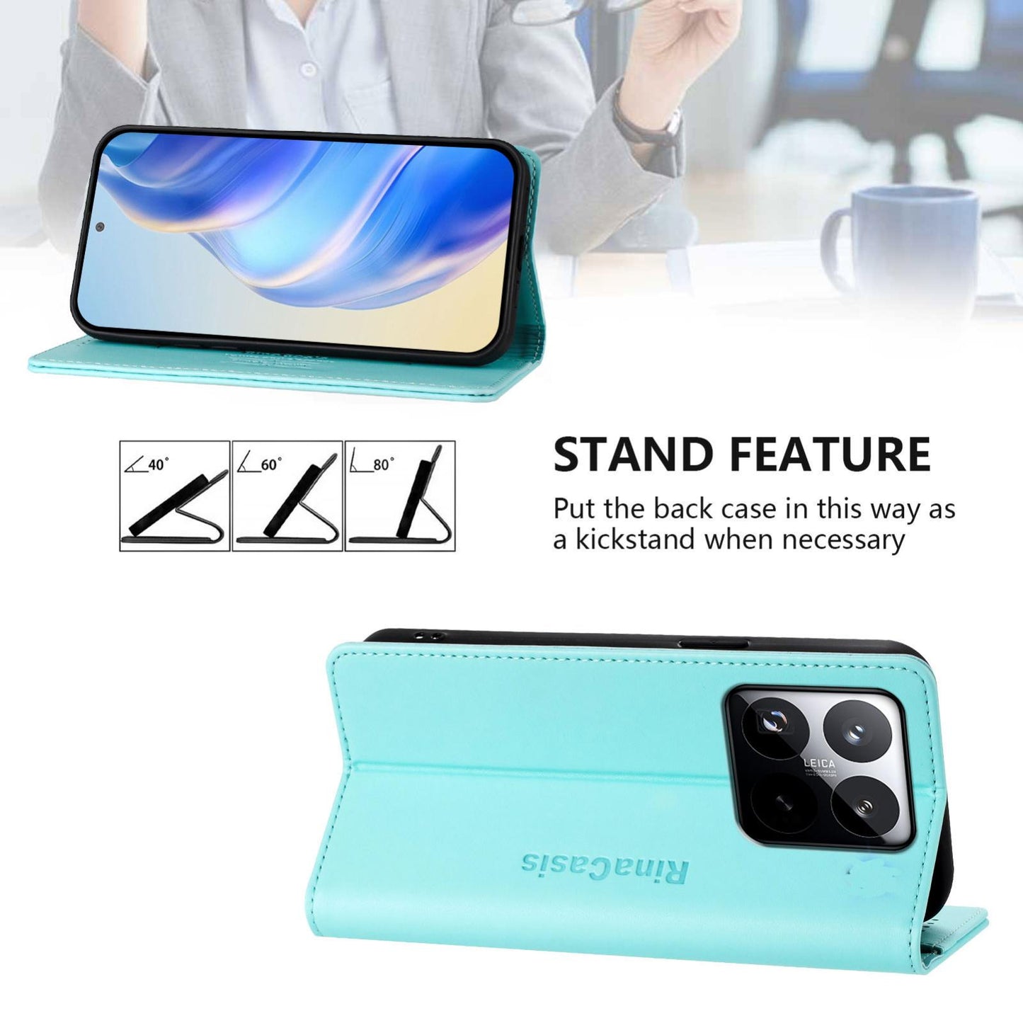 Xiaomi 15T Dual-Folded Magnetic Suction RFID Blocking PU Leather Wallet Phone Case with Card Slots, Cash Pocket, Kickstand, Full Protective Flip Cover