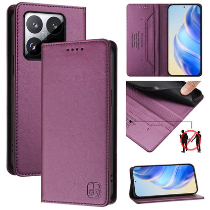 Xiaomi 15T Dual-Folded Magnetic Suction RFID Blocking PU Leather Wallet Phone Case with Card Slots, Cash Pocket, Kickstand, Full Protective Flip Cover