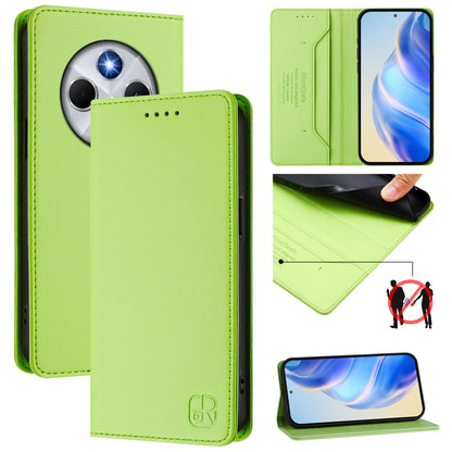 Xiaomi Poco M7 5G Dual-Folded Magnetic Suction RFID Blocking PU Leather Wallet Phone Case with Card Slots, Cash Pocket, Kickstand, Full Protective Flip Cover