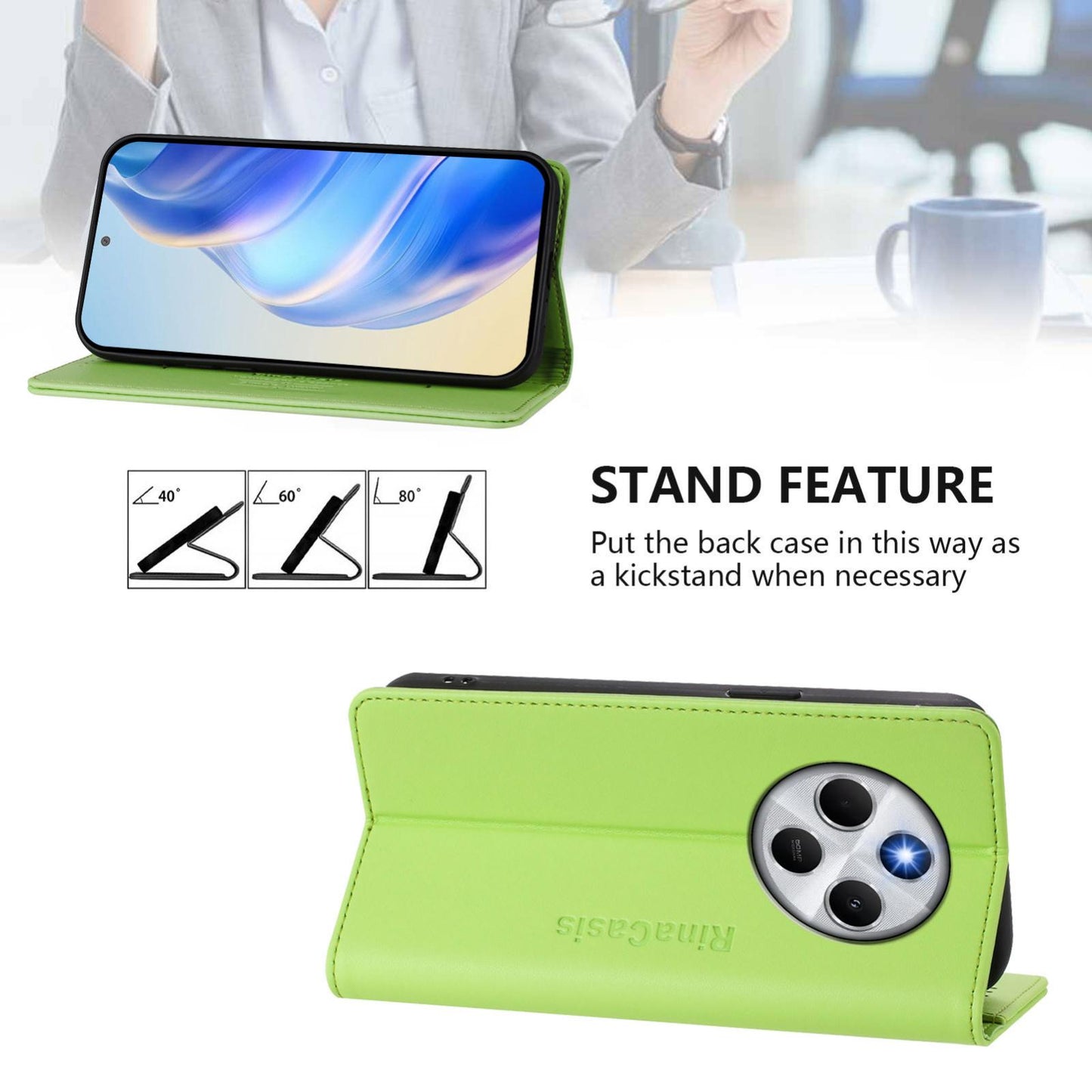 Xiaomi C75 4G Dual-Folded Magnetic Suction RFID Blocking PU Leather Wallet Phone Case with Card Slots, Cash Pocket, Kickstand, Full Protective Flip Cover