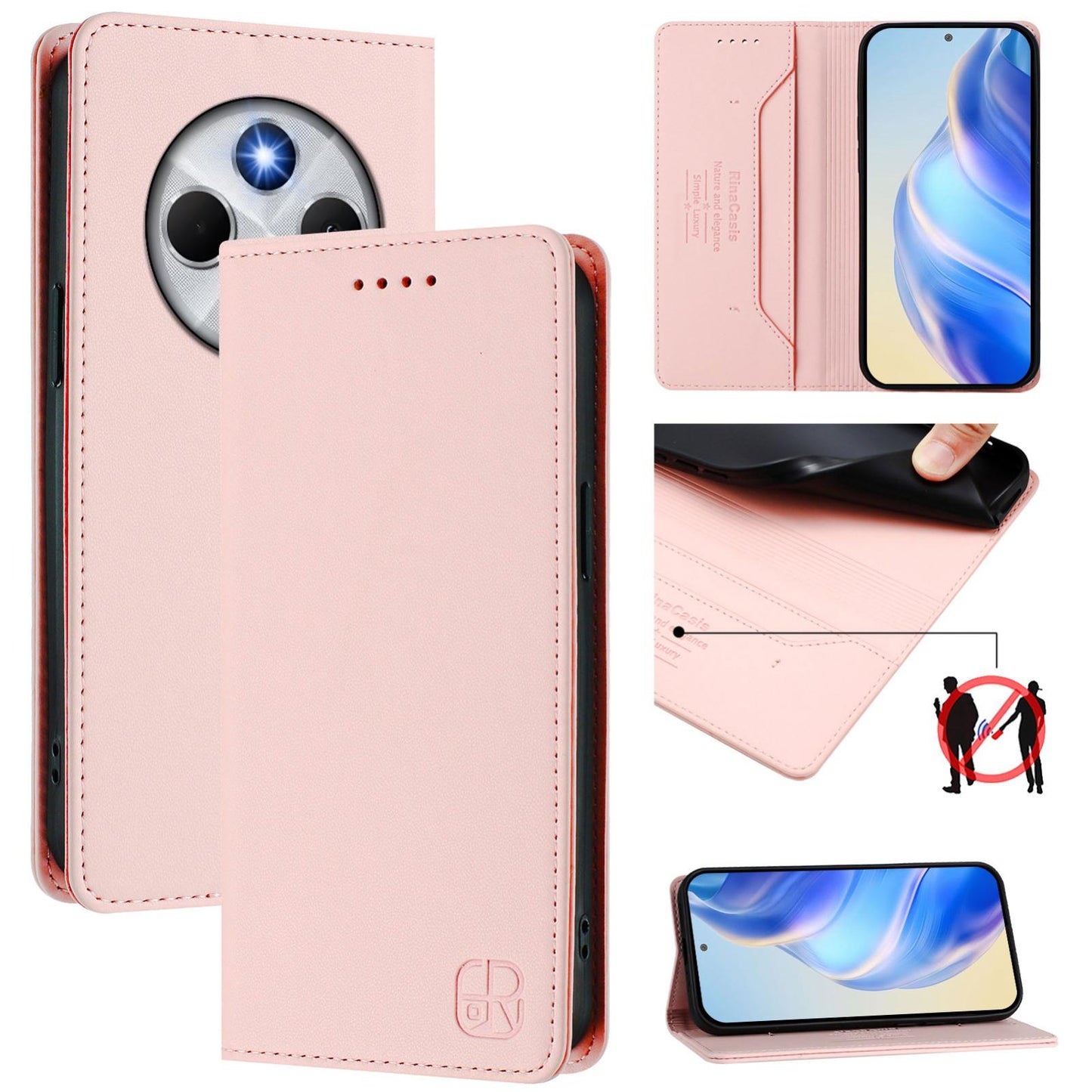 Xiaomi Poco M7 5G Dual-Folded Magnetic Suction RFID Blocking PU Leather Wallet Phone Case with Card Slots, Cash Pocket, Kickstand, Full Protective Flip Cover