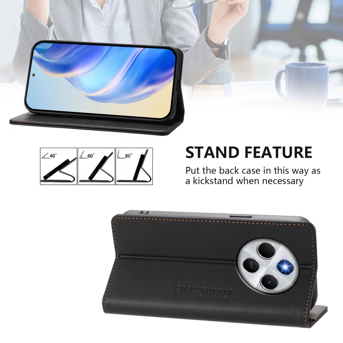 Xiaomi Poco M7 5G Dual-Folded Magnetic Suction RFID Blocking PU Leather Wallet Phone Case with Card Slots, Cash Pocket, Kickstand, Full Protective Flip Cover
