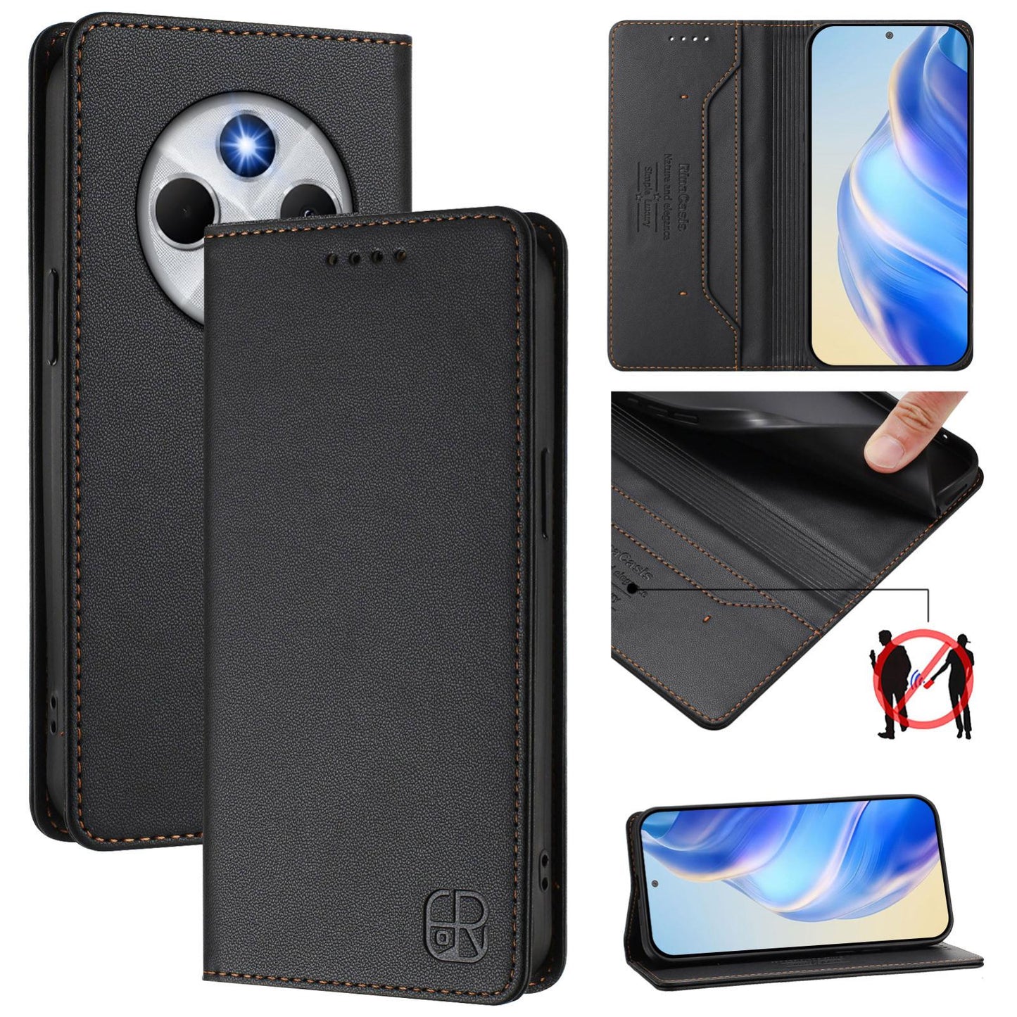 Xiaomi C75 4G Dual-Folded Magnetic Suction RFID Blocking PU Leather Wallet Phone Case with Card Slots, Cash Pocket, Kickstand, Full Protective Flip Cover