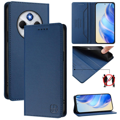 Xiaomi Poco M7 5G Dual-Folded Magnetic Suction RFID Blocking PU Leather Wallet Phone Case with Card Slots, Cash Pocket, Kickstand, Full Protective Flip Cover