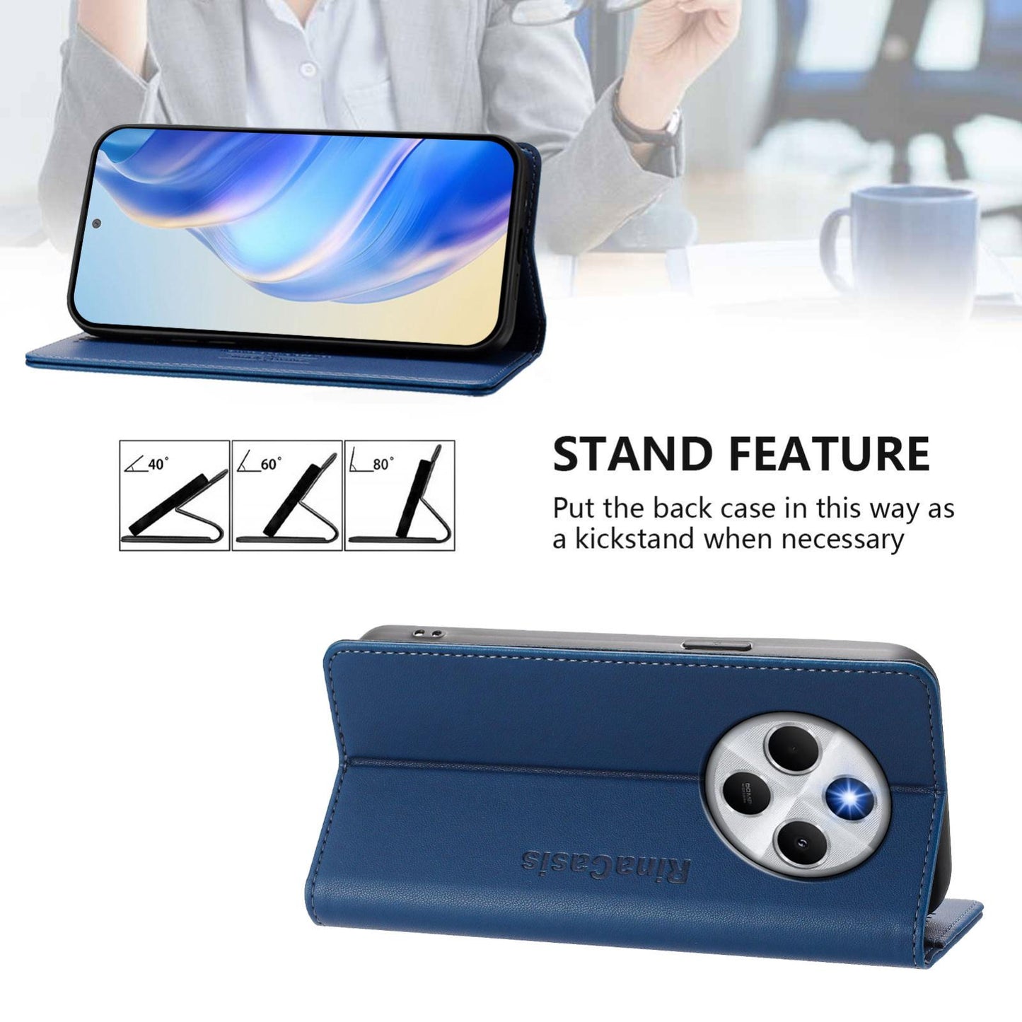 Xiaomi Poco M7 5G Dual-Folded Magnetic Suction RFID Blocking PU Leather Wallet Phone Case with Card Slots, Cash Pocket, Kickstand, Full Protective Flip Cover