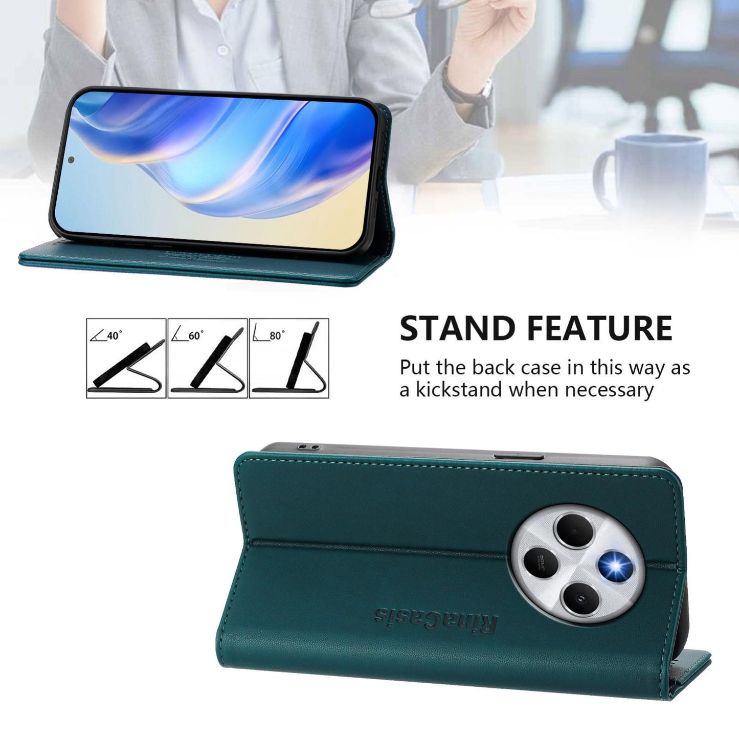 Xiaomi C75 4G Dual-Folded Magnetic Suction RFID Blocking PU Leather Wallet Phone Case with Card Slots, Cash Pocket, Kickstand, Full Protective Flip Cover