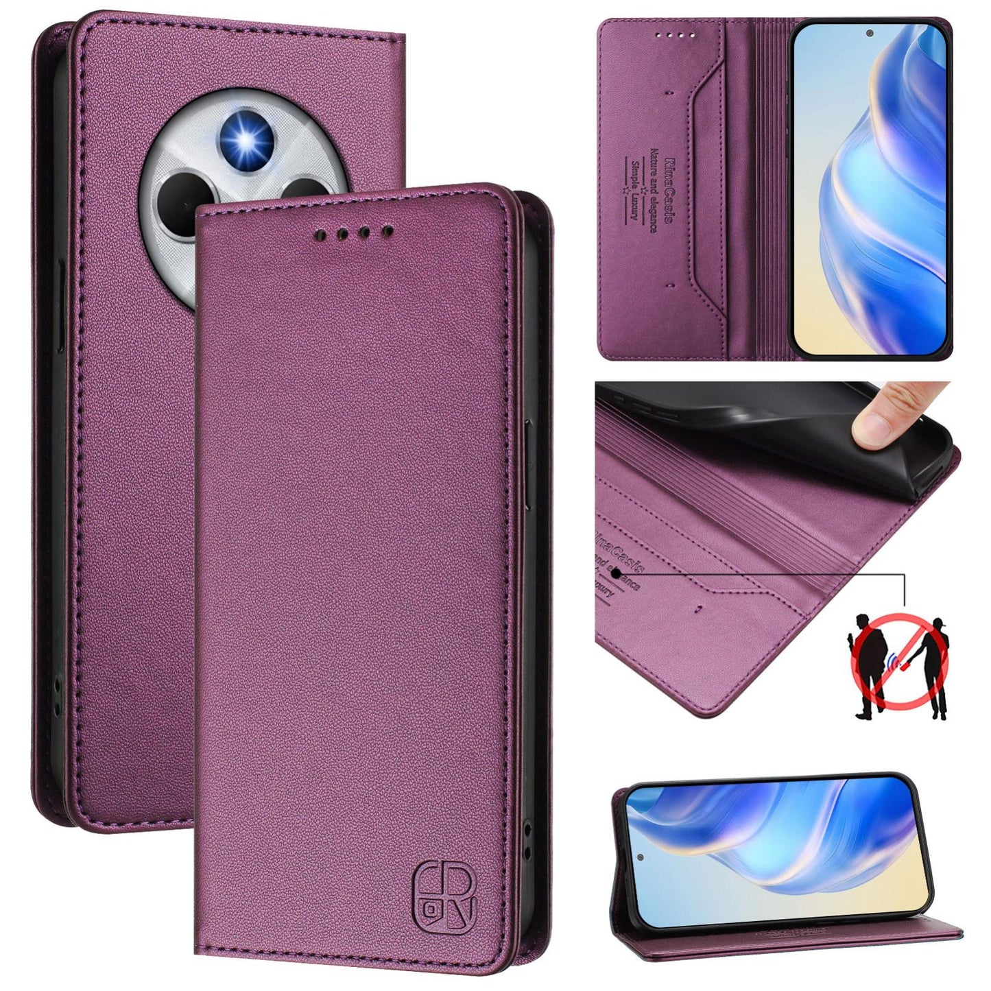 Xiaomi Poco M7 5G Dual-Folded Magnetic Suction RFID Blocking PU Leather Wallet Phone Case with Card Slots, Cash Pocket, Kickstand, Full Protective Flip Cover