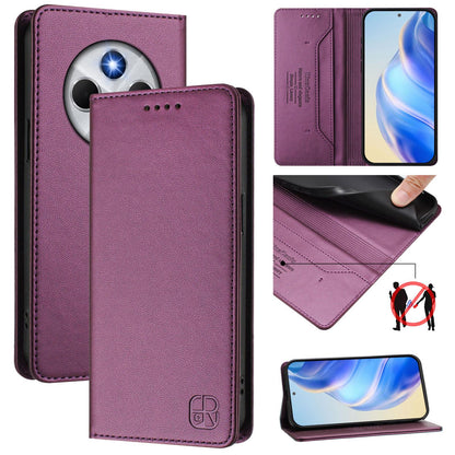 Xiaomi Poco M7 5G Dual-Folded Magnetic Suction RFID Blocking PU Leather Wallet Phone Case with Card Slots, Cash Pocket, Kickstand, Full Protective Flip Cover