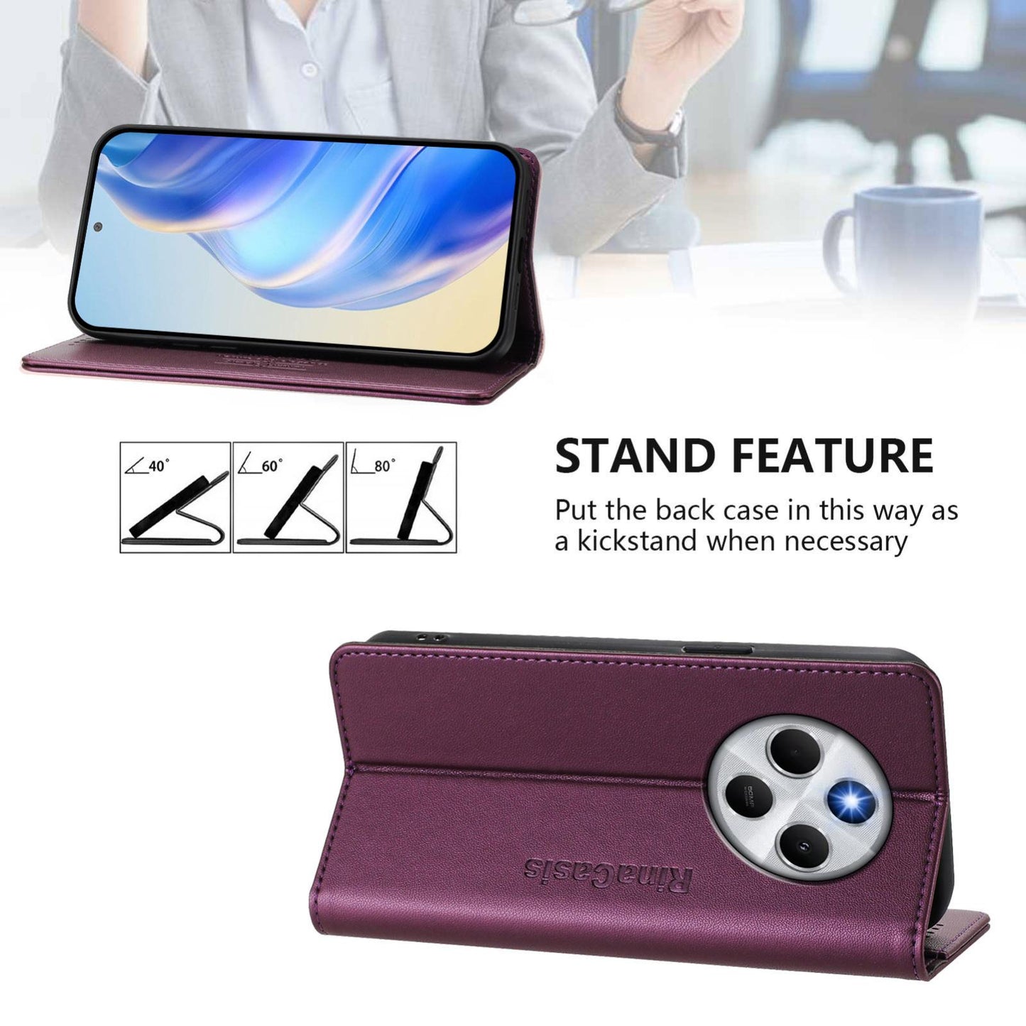Xiaomi Poco M7 5G Dual-Folded Magnetic Suction RFID Blocking PU Leather Wallet Phone Case with Card Slots, Cash Pocket, Kickstand, Full Protective Flip Cover