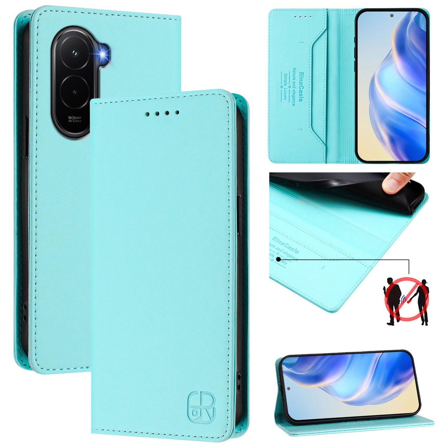 Xiaomi Poco M7 4G 169mm Dual-Folded Magnetic Suction RFID Blocking PU Leather Wallet Phone Case with Card Slots, Cash Pocket, Kickstand, Full Protective Flip Cover