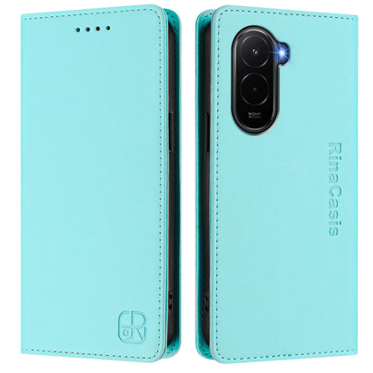 Xiaomi Poco M7 4G 169mm Dual-Folded Magnetic Suction RFID Blocking PU Leather Wallet Phone Case with Card Slots, Cash Pocket, Kickstand, Full Protective Flip Cover