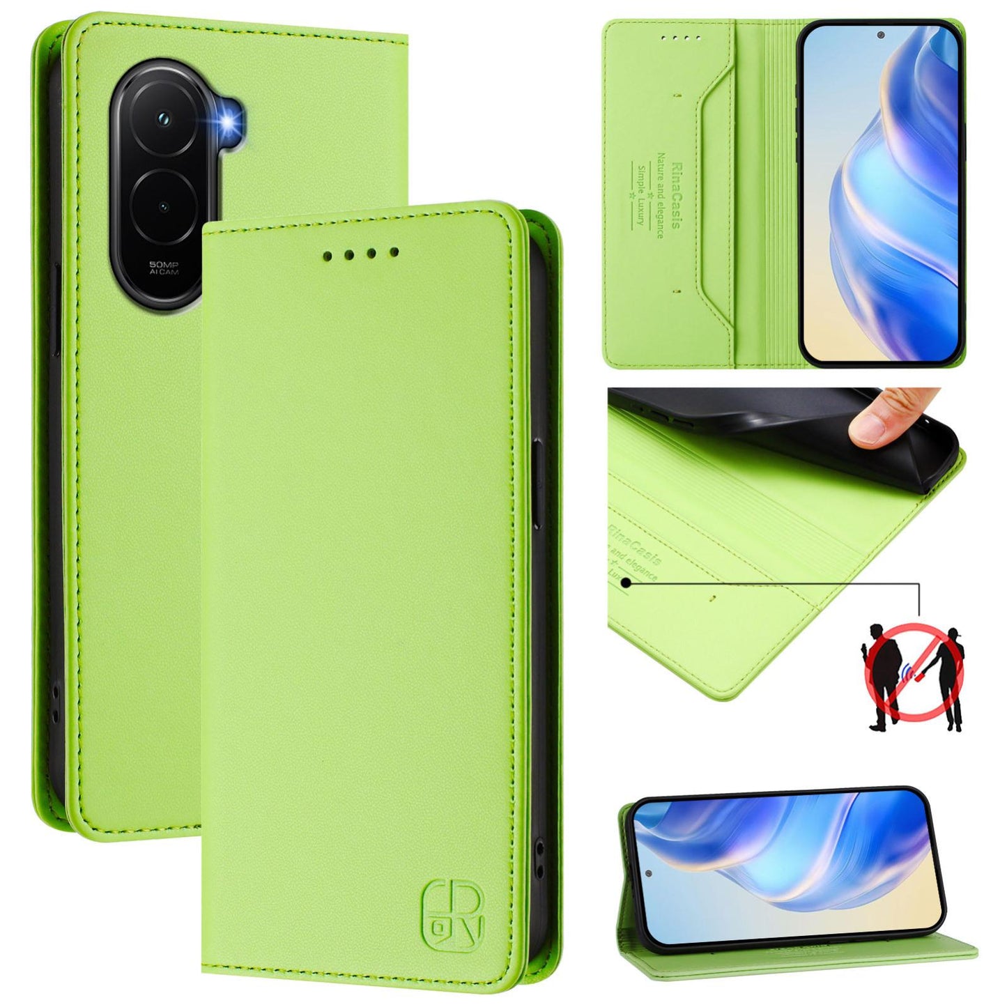 Xiaomi Poco M7 4G 169mm Dual-Folded Magnetic Suction RFID Blocking PU Leather Wallet Phone Case with Card Slots, Cash Pocket, Kickstand, Full Protective Flip Cover