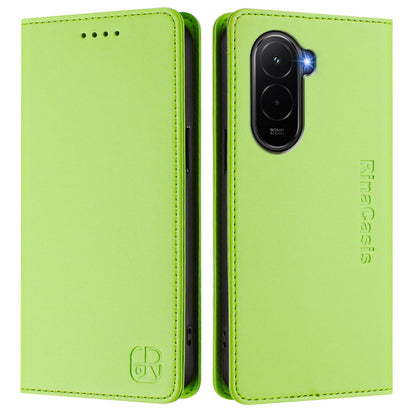 Xiaomi Poco M7 4G 169mm Dual-Folded Magnetic Suction RFID Blocking PU Leather Wallet Phone Case with Card Slots, Cash Pocket, Kickstand, Full Protective Flip Cover
