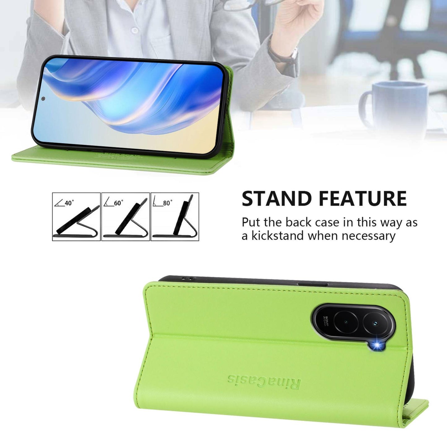 Xiaomi Poco M7 4G 169mm Dual-Folded Magnetic Suction RFID Blocking PU Leather Wallet Phone Case with Card Slots, Cash Pocket, Kickstand, Full Protective Flip Cover