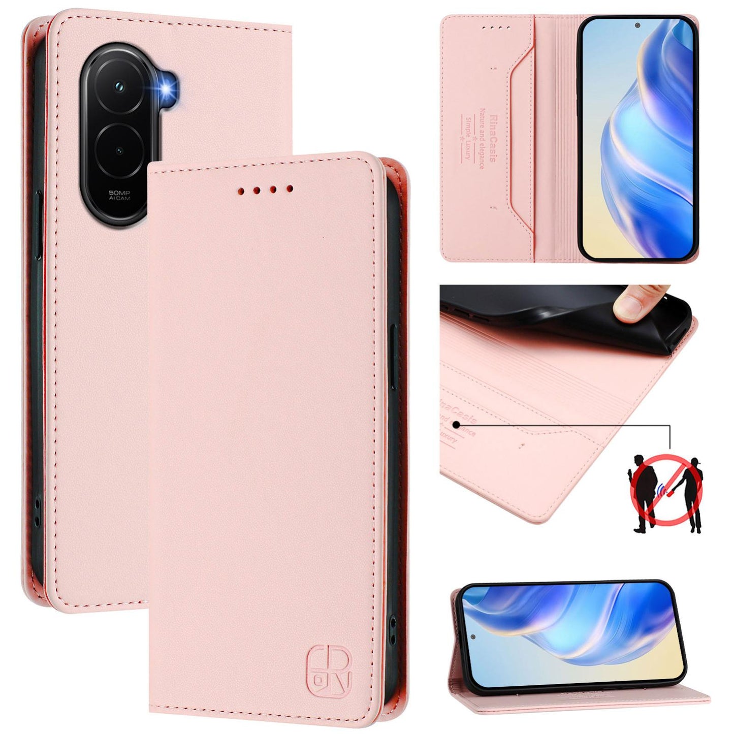 Xiaomi Poco M7 4G 169mm Dual-Folded Magnetic Suction RFID Blocking PU Leather Wallet Phone Case with Card Slots, Cash Pocket, Kickstand, Full Protective Flip Cover