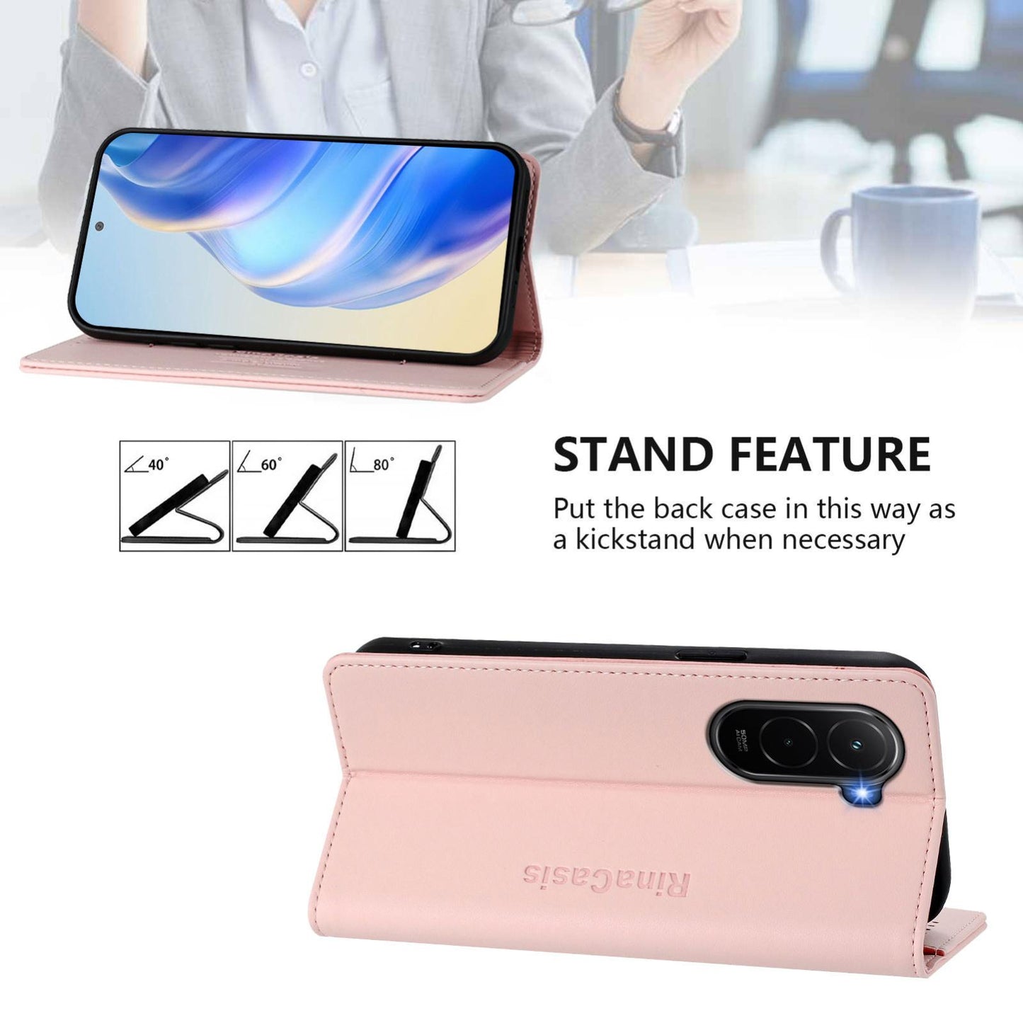 Xiaomi Poco M7 4G 169mm Dual-Folded Magnetic Suction RFID Blocking PU Leather Wallet Phone Case with Card Slots, Cash Pocket, Kickstand, Full Protective Flip Cover