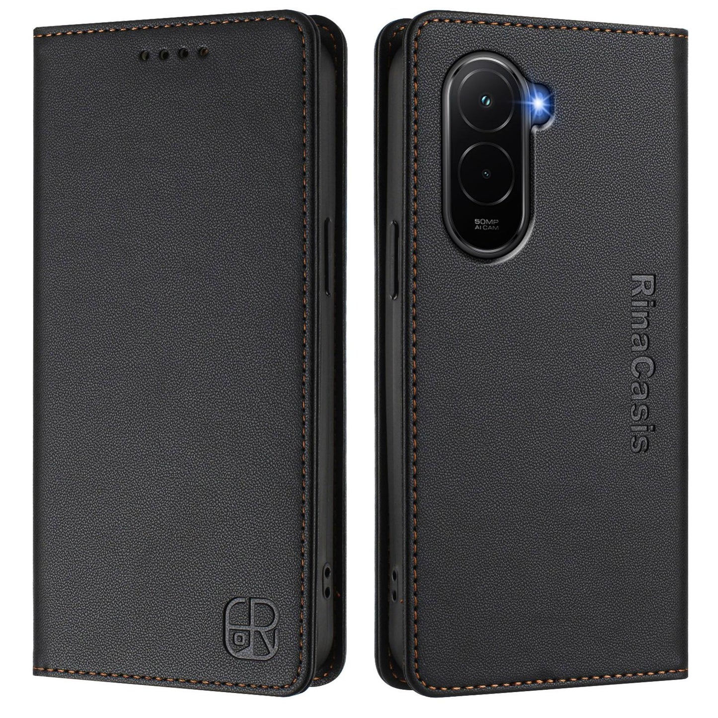 Xiaomi Poco M7 4G 169mm Dual-Folded Magnetic Suction RFID Blocking PU Leather Wallet Phone Case with Card Slots, Cash Pocket, Kickstand, Full Protective Flip Cover