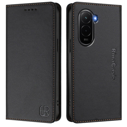 Xiaomi Poco M7 4G 169mm Dual-Folded Magnetic Suction RFID Blocking PU Leather Wallet Phone Case with Card Slots, Cash Pocket, Kickstand, Full Protective Flip Cover