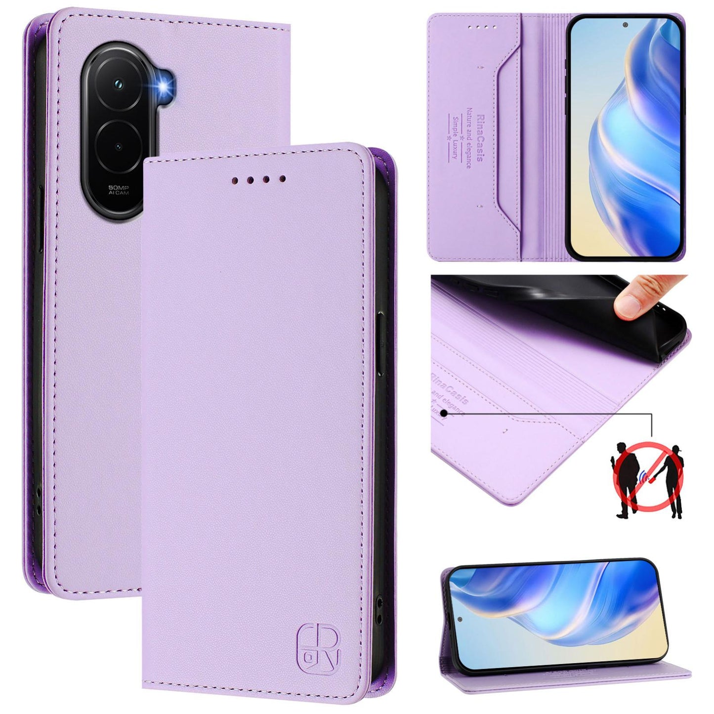 Xiaomi Poco M7 4G 169mm Dual-Folded Magnetic Suction RFID Blocking PU Leather Wallet Phone Case with Card Slots, Cash Pocket, Kickstand, Full Protective Flip Cover