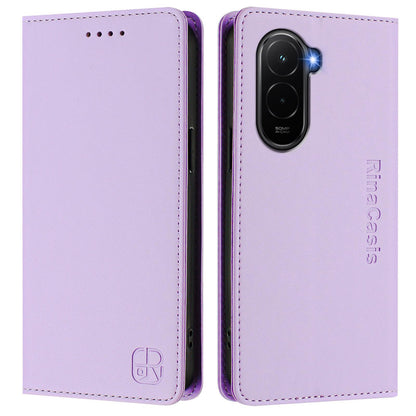 Xiaomi Poco M7 4G 169mm Dual-Folded Magnetic Suction RFID Blocking PU Leather Wallet Phone Case with Card Slots, Cash Pocket, Kickstand, Full Protective Flip Cover