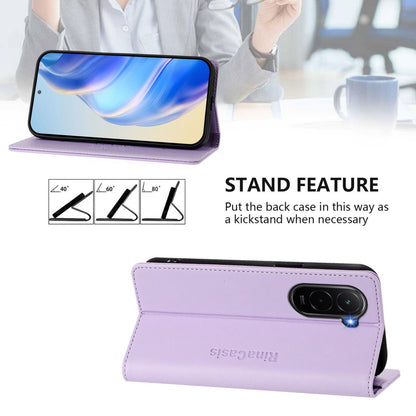Xiaomi Poco M7 4G 169mm Dual-Folded Magnetic Suction RFID Blocking PU Leather Wallet Phone Case with Card Slots, Cash Pocket, Kickstand, Full Protective Flip Cover
