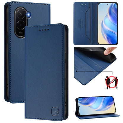 Xiaomi Poco M7 4G 169mm Dual-Folded Magnetic Suction RFID Blocking PU Leather Wallet Phone Case with Card Slots, Cash Pocket, Kickstand, Full Protective Flip Cover