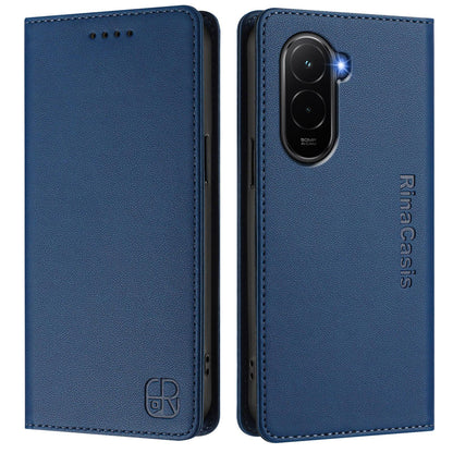Xiaomi Poco M7 4G 169mm Dual-Folded Magnetic Suction RFID Blocking PU Leather Wallet Phone Case with Card Slots, Cash Pocket, Kickstand, Full Protective Flip Cover