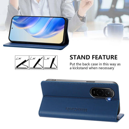 Xiaomi Poco M7 4G 169mm Dual-Folded Magnetic Suction RFID Blocking PU Leather Wallet Phone Case with Card Slots, Cash Pocket, Kickstand, Full Protective Flip Cover