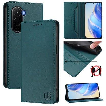 Xiaomi Poco M7 4G 169mm Dual-Folded Magnetic Suction RFID Blocking PU Leather Wallet Phone Case with Card Slots, Cash Pocket, Kickstand, Full Protective Flip Cover